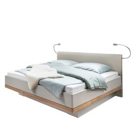 Doppelbett Privira in Beige und Eiche Bianco mit LED Beleuchtung – Ansicht 1