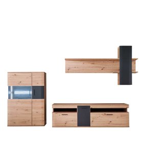 Wohnzimmer Anbauwand Lucisa in Eiche Optik und Anthrazit 310 cm breit (dreiteilig) – Ansicht 1