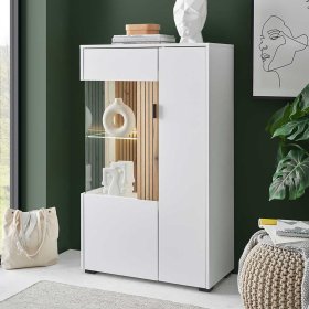 Highboard Vitrine Saladd in Weiß und Wildeichefarben – Ansicht 2