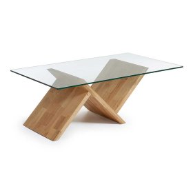 Design Couchtisch Uzyna aus Eiche Massivholz mit Glasplatte – Ansicht 1