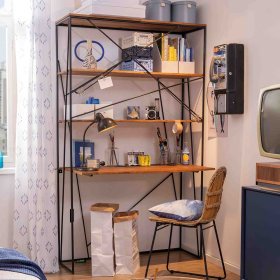 Designschreibtisch Slavrio aus Mangobaum Massivholz und Stahl mit Regal – Ansicht 2