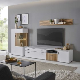 Fernseher Schrankwand modern Saladd in Weiß und Wildeichefarben (dreiteilig) – Ansicht 1