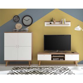 Skandi Design TV Wohnwand Levanca in Weiß und Eichefarben 160 cm hoch (dreiteilig) – Ansicht 1