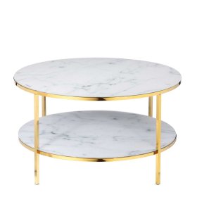 Retro Beistelltisch Epiros in Weiß marmoriert und Goldfarben mit Glasplatten – Ansicht 2