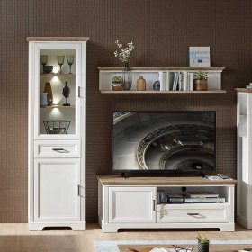Landhaus Wohnkombi Vronata in Weiß und Eichefarben mit LED Beleuchtung (dreiteilig) – Ansicht 1