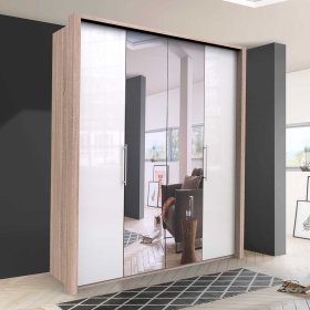 Premium Schlafzimmerschrank Andryas in Weiß und Eiche Sägerau mit Spiegel – Ansicht 2