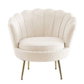 Retrostil Muschelsessel Pocatino in Cremefarben und Gold aus Boucle und Metall – Ansicht 3