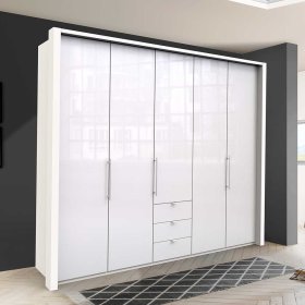 Großer Schlafzimmer Kleiderschrank Grinzia in Weiß mit Falttüren und Schubkästen – Ansicht 2