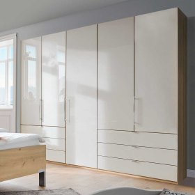 Kleiderschrank Cnutria in Beige und Eiche Bianco mit Falttüren – Ansicht 7