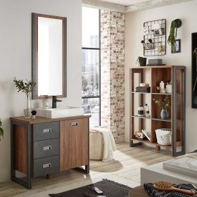 Moderne Badmöbel Verjan in Eiche dunkel und Grau mit Touchwood (dreiteilig) – Ansicht 1