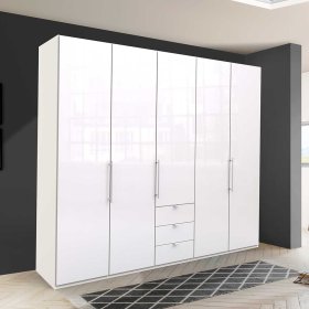 Großer Schlafzimmer Kleiderschrank Grinzia in Weiß mit Falttüren und Schubkästen – Ansicht 3