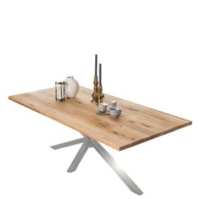 Esszimmer Tisch Puzian aus Wildeiche Massivholz und Eisen mit Baumkante – Ansicht 1