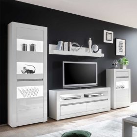 Wohnzimmer Anbauwand Novinza in Weiß Hochglanz und Beton Grau 280 cm (vierteilig) – Ansicht 1