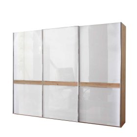 Schwebetürenschrank Normandie in Eiche Bianco und Weiß mit Glas beschichtet – Ansicht 1