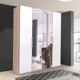 Premium Schlafzimmerschrank Andryas in Weiß und Eiche Sägerau mit Spiegel – Ansicht 3