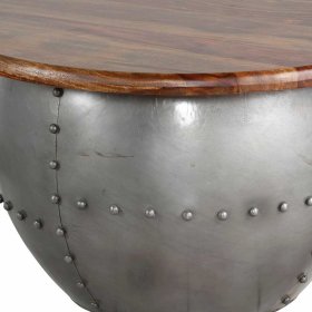 Industriedesign Couchtisch Umbrosin in Trommelform aus Mangobaum und Metall – Ansicht 3